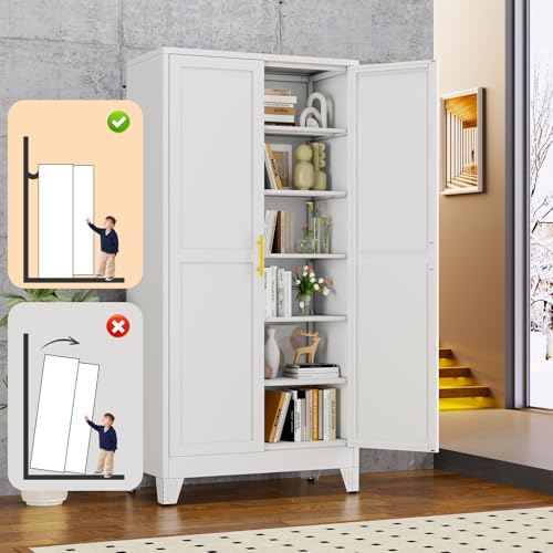 Image of White Metal Storage Cabinet,75 inch Steel Cabinets for Home Office, Kitchen Pantry Storage Cabinet with Doors and 5 Adjustable Shelves, Tool Cabinets, for Office, Home, Garage, School, 36 inch W