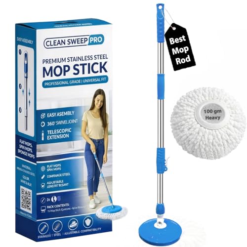 Image of Smart Spin Mop Stick Rod Only Mop with Stick | Spinning Mop Stick with Stainless Steel Handle & 1 Microfiber Refills | Adjustable Heavy Duty Mop Rod for Floor Cleaning (Blue)
