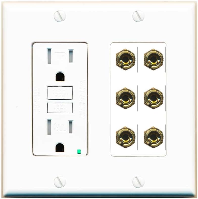 RiteAV 6 Banana 3 Speaker Surround Female Coupler Binding Post Wall Plate - GFCI Outlet [Ivory/White]