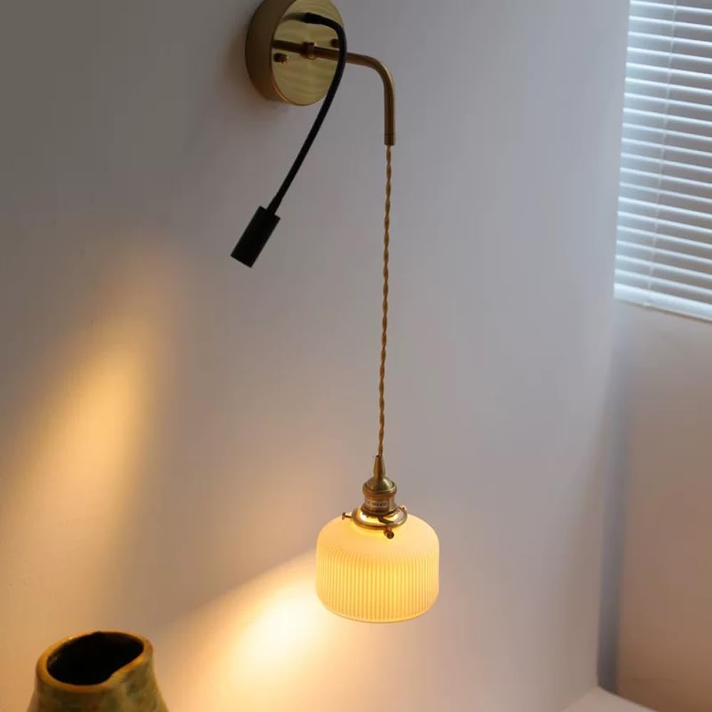 Applique da parete in ceramica retrò Lampada da lettura flessibile per montaggio a parete a LED Lampada da lettura a collo di cigno regolabile con paralume in ceramica a strisce bianche, Lampa
