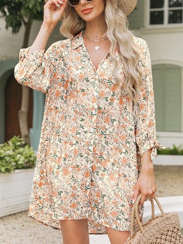 Image of CUPSHE Women Mini Summer Dress Cover Up Oversize Floral Shirt 3 /4 Sleeve Cuff Tie Button Down Beach Dresses Cover Up Top