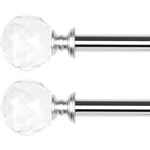 2 Pack 3/4 Inch Diameter Adjustable Curtain Metal Rod with Round Clear Acrylic Ball Finials，48 to 84 Inch，Chrome