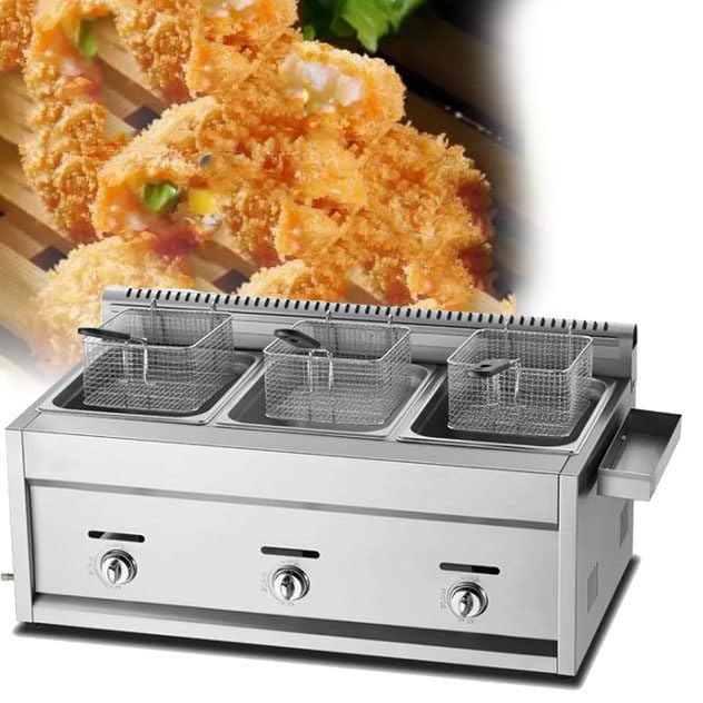 Freidora comercial de acero inoxidable para encimera de gas GLP con cesta y tapa, doble cilindro de 9 L para cocina en casa y restaurante