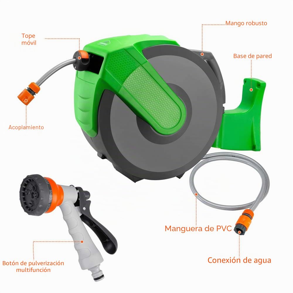 GARDEBRUK® Carrete Manguera Retráctil 30 m Sistema Enrollado Automático Soporte Pared Giratorio 180° Boquilla Roceado 7 Modos Riego Jardín Exterior