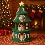LUCKLIFE 55" Christmas Cat Tree with 3 Cozy Houses Indoor Holiday Pet Tower with Anti-Tip Kit and Toy Balls,Decoration Climbing Furniture for Cats to Play and Sleep