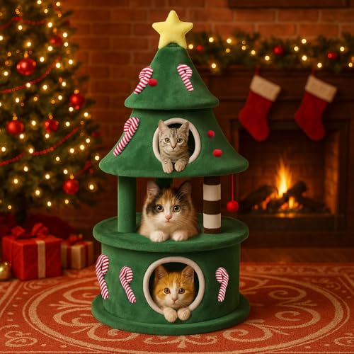 LUCKLIFE 55" Christmas Cat Tree with 3 Cozy Houses Indoor Holiday Pet Tower with Anti-Tip Kit and Toy Balls,Decoration Climbing Furniture for Cats to Play and Sleep