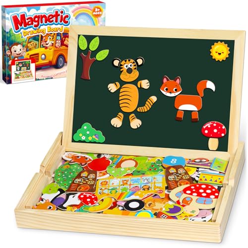 Jojoin 130 Stücke Magnetisches Holzpuzzle - 2025 Neu Montessori Holzpuzzle mit Doppelseitig Magnetisch | Wald | Bauernhof | Obst | Bus - Kreativ Spielzeug für Kinder