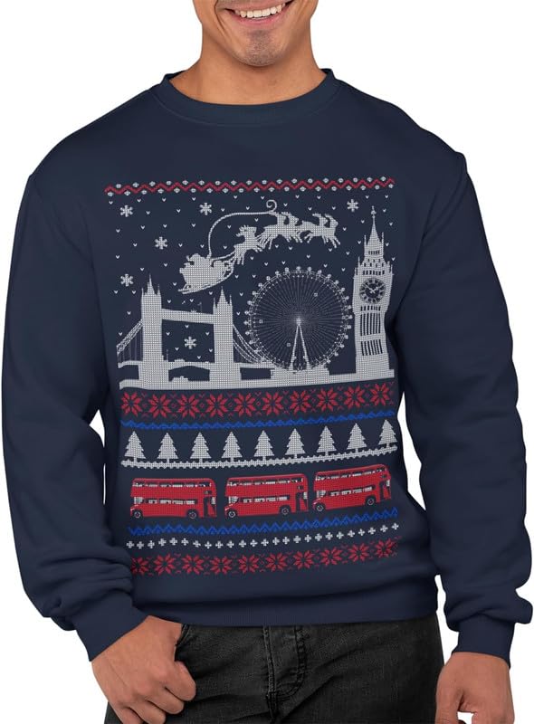 Graphic ImpactI Love London Christmas SANTA, Reindeer Big Ben, London Eye, Tower Bridge LONDON Bus Funny Ugly Christmas Jumper Sweatshirt