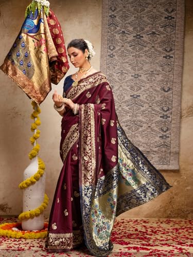 Image of SIRIL Women's Paithani jacquard Silk Saree |Chandrakor Paithani jacquard Saree With Unstitched Blouse Piece