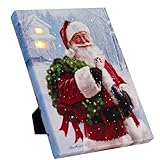 DEMAGNNIE Small Vintage Christmas Santa Claus Wreath LED Canvas Wall Art with Timer, Tabletop Decor Lighted Pictures with Fiber Optic Lights Built In, Ready to Hang and Stand Design