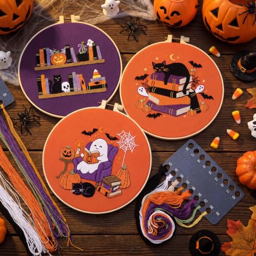 Image of Mindsoft 3 Set Needlepoint Kit for Beginners with Hoop,Halloween Booklover | Bamboo Hoop Thread Needles Instructions, Easy Hand Embroidery for Beginners Home Crafts,Pre-stamped Funny Cute Designs
