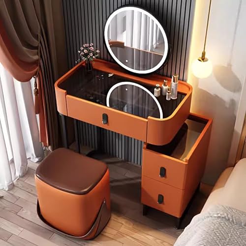 Elegante mesa de maquillaje LED de 70 cm con espejo giratorio de 360°, vidrio templado, juego de maquillaje de almacenamiento y taburete, elegante color naranja, perfecto para los amantes de la