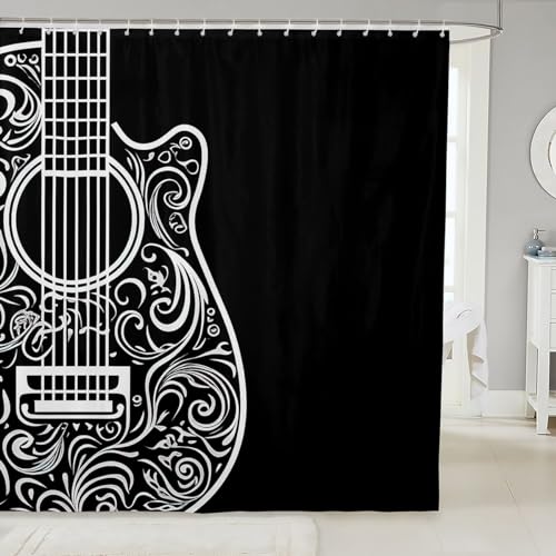 Image of Guitar Bath Curtain Music Themed Guitar Shower Curtain Guitar Instruments Print Bathroom Shower Curtain Set for Stalls Bathtubs Room Decor Stylish Black White Waterproof Bathroom Curtains 72x78 Inch