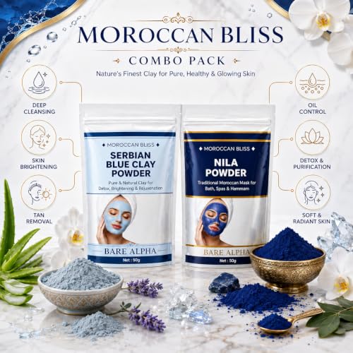 Image of Moroccan Nila Powder For Face - 100% Natural Blue Powder for Skin Brightening, Tan Removal & Detox | Traditional Moroccan Hammam Beauty Treatment For Face & Body Care (50g + 50g (Nila + Serbian))