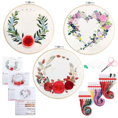 Creativease Embroidery DIY Starter Kit, 3pcs Set | Floral & Plant Designs for Adults and Kids Alike | with 20cm Bamboo Hoop, 28 * 29cm Cloth, and Step-by-Step Instructions!