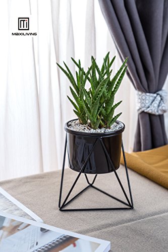 Maxiliving geometrische Blumentopf Keramik mit Eisen Kunst Rahmen Stehen Neuheit Polyeder Mittelstück Vase Garten dekorative Blumentopf Pflanzgefäß Büro Wohnkultur (Schwarzer Topf + Schwarzer Rahmen) Cover