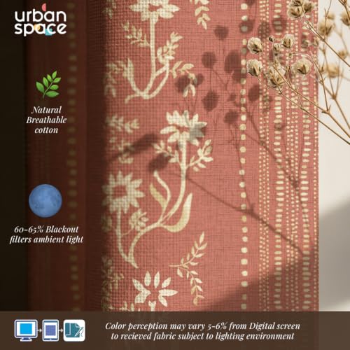 Image of Urban Space 100% Cotton Floral Curtains 7 feet Long Set of 2, 60-65% Room Darkening, Decorative Curtains with Eyelets /Rings for Hanging, Tieback Included (Garden Trail Muddy Pink, Door - 7 Feet)