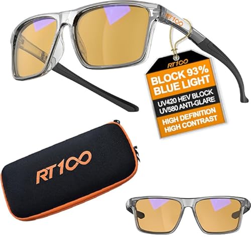 RT100 HD Premium Gaming and Computer Screen Glasses Blue Light Blocking 93% Reduce Glare Anti Eyestrain High Contrast High Definition UV580 nm P1AG