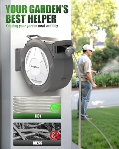Breeze Touch Retractable Garden Hose Reel 1/2" x 100ft, Wall Mounted Water Hose Reel for Outside with 10-Pattern Nozzle, Hose Reel Wall Mount with Any Length Lock, Slow Return, For Yard Lawn - Image 8