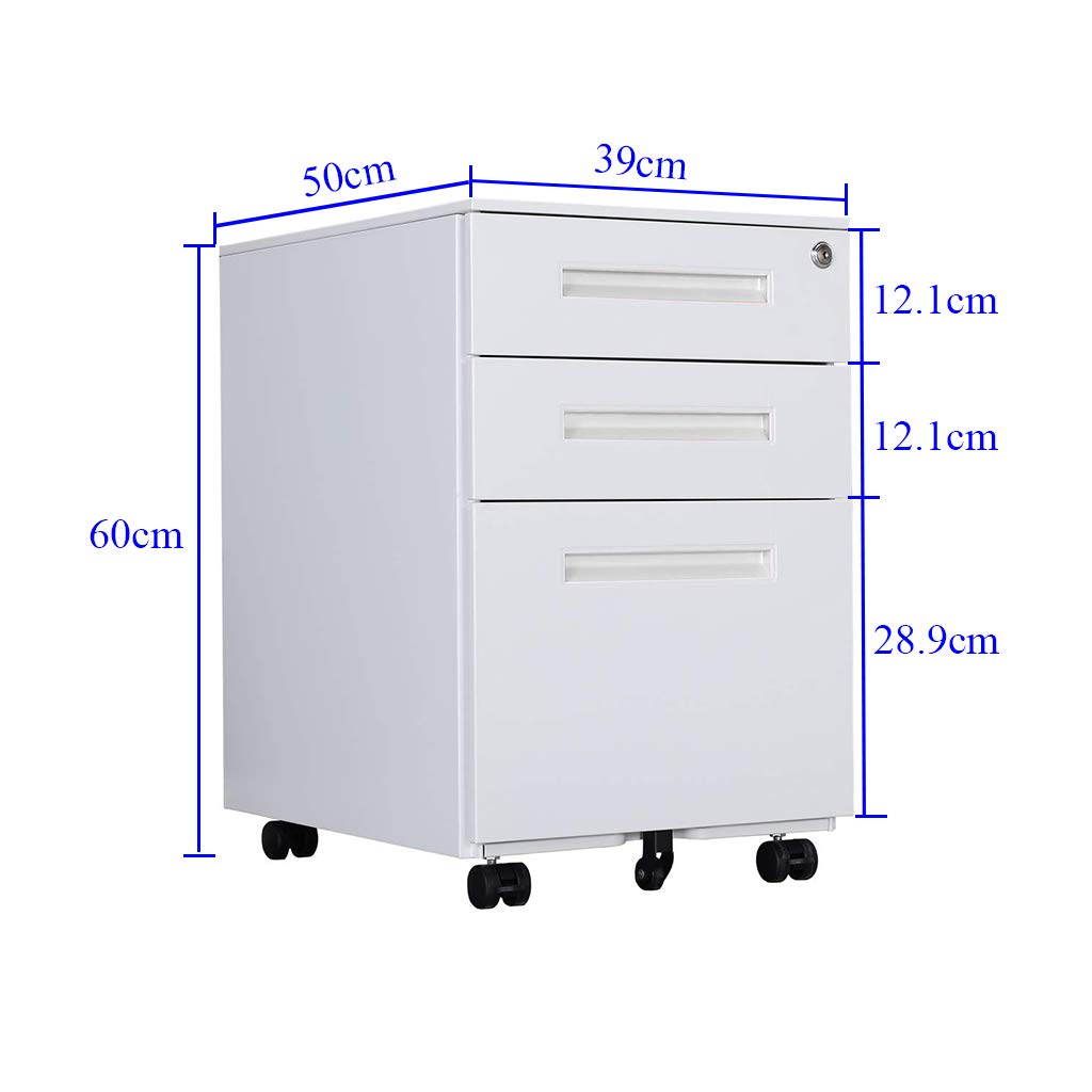 Aktenschränke, Büro-Rollcontainer,Rollcontainer, inkl. 3 Schübe Bürocontainer mit Anti-umkippen-mechanismus für A4, Mobilen, Abschließbar ; 39cm B x 50cm L x 60cm H, JLB021-W