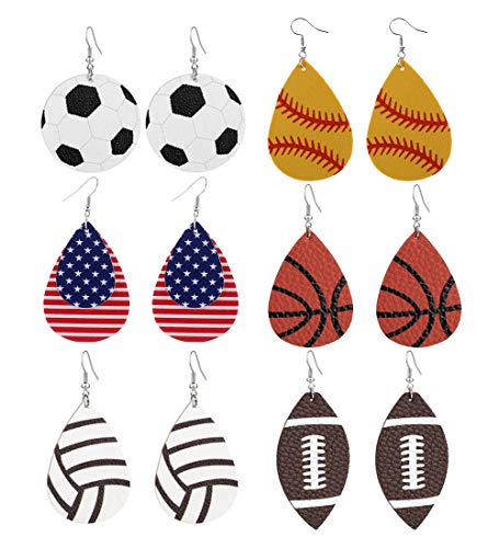 6 Pairs Ball Faux Leather Earrings For Sport Lover Lightweight Baseball Basketball Football Teardrop Dangle Earrings Set Gift For Teens Women #TOP11