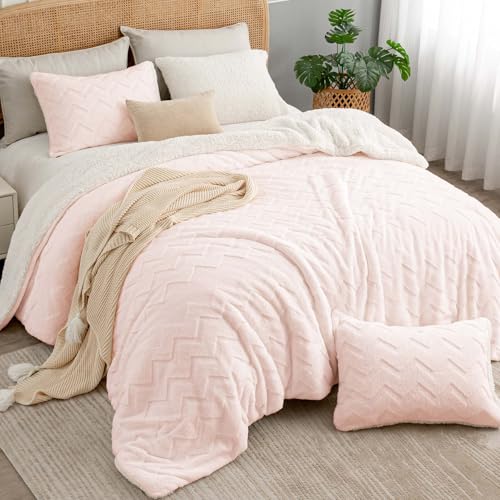 Image of BEDELITE Fluffy Sherpa King Comforter Set,Pink | Super Soft & Warm Fleece Bedding, Luxury Fuzzy Comforter for Winter, Heavy Plush Bedding Set,2 Pillowcases