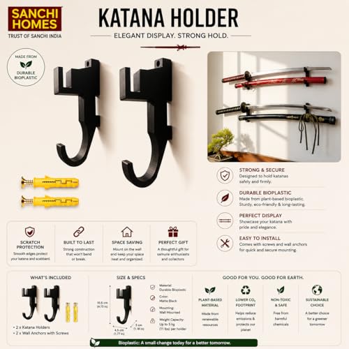 Image of Double Rack Katana holder Wall Mount | Traditional Japanese Style | Dual Slots for Sword & Saya for Samurai, Anime & Decorative Swords | Easy Installation | Bioplastic (1 Pair)