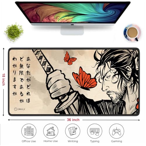 Image of Japanese Samurai Mouse Pad 18x36 Inch 3mm Extended Gaming Desk Mat with Anti-Slip Rubber Base Mousepad for Smooth Surface Desk pad for PC & Laptop Use Waterproof & Stiched (Multicolour) Deskpad