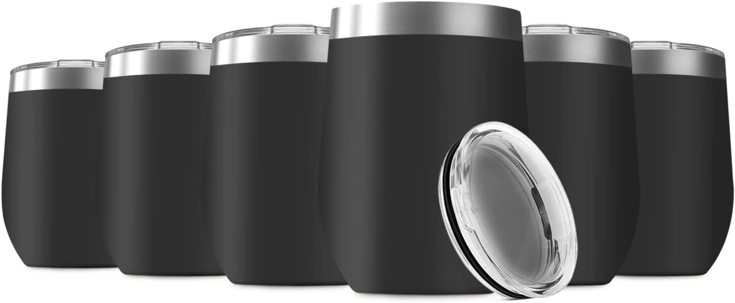 12oz Wine Tumbler with Lid Stainless Steel Wine Tumbler Cups Double Wall Vacuum Insulated Travel Mugs Stemless Cup(Set of 6, Black)