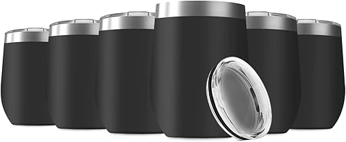 Vaso de vino de 12 onzas con tapa, acero inoxidable, doble pared aislada al vacío, tazas de viaje sin tallo (juego de 6, negro)