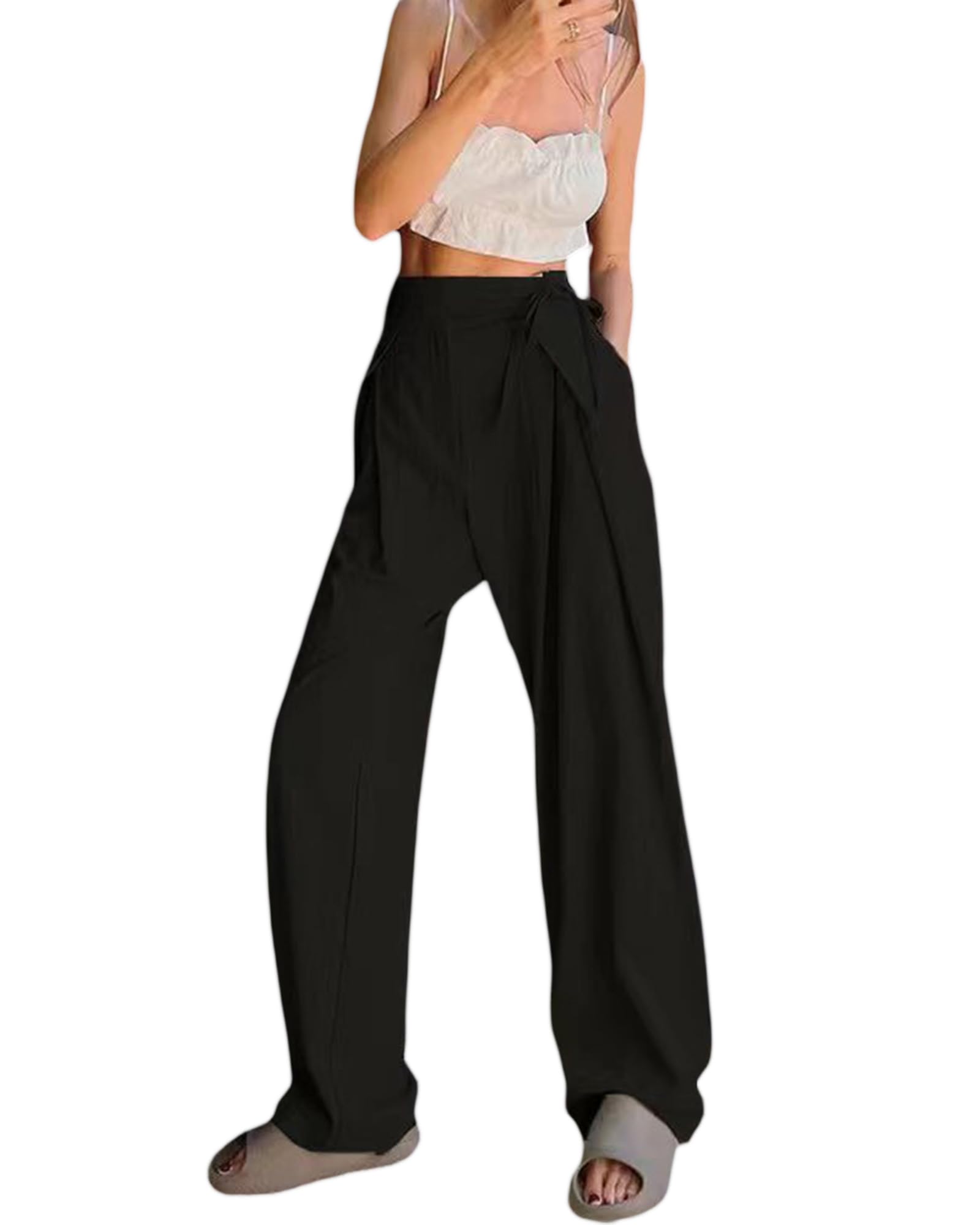 Owls-Yard Women s Palazzo Lounge Pants High Waist Solid Color Suit Pants Fall Trendy Loose Straight Leg Pants