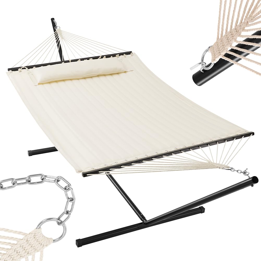 BAKAJI Hamaca de jardín con soporte brasileño y 1 cojín acolchado, marco resistente, estructura de acero, capacidad de carga 200 kg, ideal para exteriores e interiores (beige)