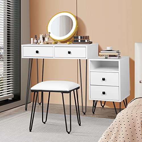 Levnary Vanity Desk With Lighted Mirror, Vanity Table Set With Removable Storage Cabinet, Makeup Vanity With Drawers And Touch Screen, Bedroom Dressing Table With Cushioned Stool (White) #TOP1