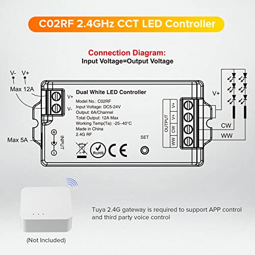 Image of SEZO C02RF CCT LED Controller for PWM COB 5050SMD CCT(+ CW WW) 2700K-6500K LED Strip Color Temperature Adjustment Compatible with RC02RFB WR02RF Remote DC5-24V (Not Remote /Gateway)