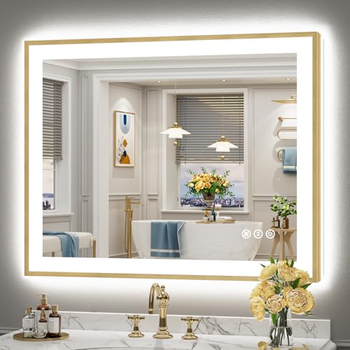 Image of 40x32 Gold LED Bathroom Mirror with Lights, Backlit & Front Lit | Brushed Gold Framed, Anti-Fog Lighted Vanity Mirror, Dimmable, 3-Color Temp, Memory, CRI95, HD Tempered Glass, UL Listed