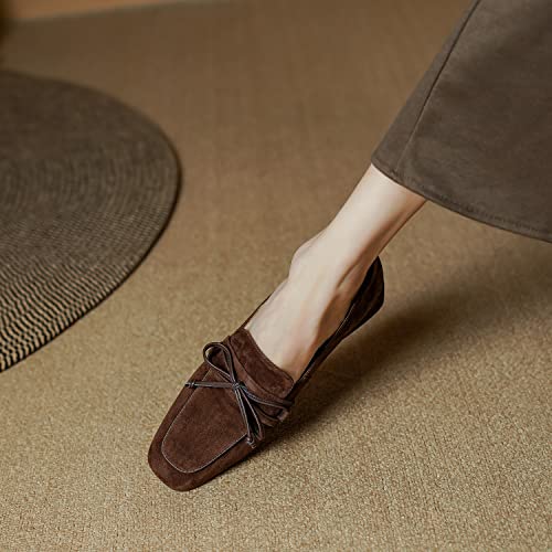 MOOMMO Women Chunky Low Heel Loafers Bow Suede Slip On Closed Square Toe Loafer Shoes Oxfords Comfy 1 Inch Block Heels Dress Shoes Pumps Office Work Pumps Vintage Retro Comfy Dark Brown 7 M US3