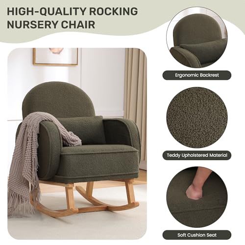 Image of HCHAIRH Rocking Chair with Ottoman, Teddy Glider Rocker with High Backrest and Side Pocket, Rocking Accent Armchair with Solid Wood Legs for Nursery /Living Room /Bedroom Green