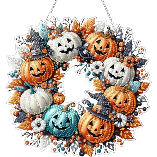 Image of PATPAT DIY Halloween Ornament Diamond Art Craft Kit, 9.4'' Dia Door Hanging Ornament, Classic Pumpkin Design, DIY Diamond Art Wreath for Halloween Room Decor, Party