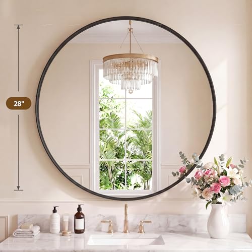 Image of Sweetcrispy Bathroom Round Mirrors for Over Sink, 28 Inch Wall Circle Mirror with Matte Metal Frame, Modern Wall Mount Vanity Mirror for Home Decor, Living Room, Bedroom, Black