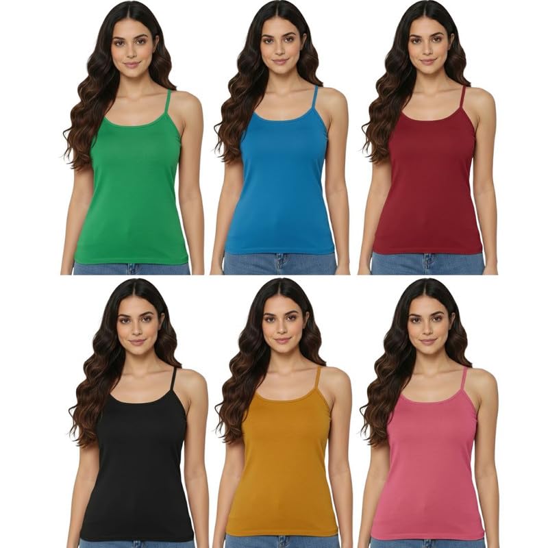 Women’s Breathable Cotton Camisole Slip Regular Fit with Adjustable Shoulder Straps for Women Pack of 6 (Multicolor)