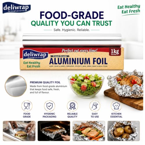 Image of Deliwrap Aluminum Silver Foil - 1Kg | 18 Micron Thickness Food Grade Safe Food Wrapping Aluminum Foil | Lunch Packing for Home, School, Office & Hotels | Kitchen Paper Roll | Pack of-3