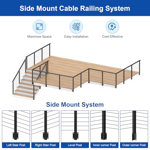Image of BLIKA 2 Pack 36 inch Side Mount Cable Railing Posts, 304 Stainless Steel, Level Drilled Fascia Mount Deck Post for Cable Railing Kit, Black Powder Coated Side Mount Line Posts