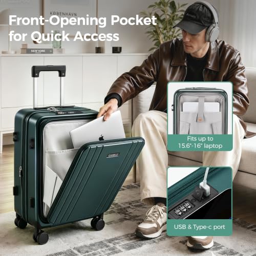Image of Carry on Luggage Top opening Suitcases, Expandable with Cup&Phone Holder and USB Charging Port,Hardside with Front Pocket Rolling Suitcases with Spinner Wheels&YKK Zippers(Dark Green, 20 Inch)