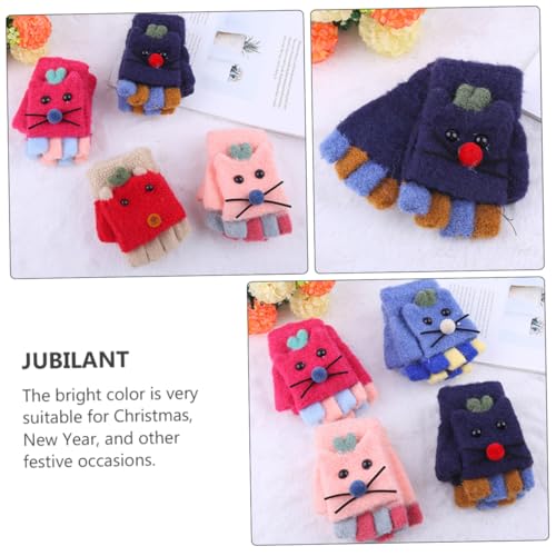 1pair Cute Cartoon Half Finger Gloves for Boy Girl Warm Knitted Mitts Cover for Outdoor Activities for School Cycling and More Cat Design3