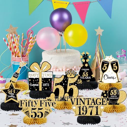 Image of 9Pcs 55th Birthday Decorations Honeycomb Centerpieces for Men Women, Black Gold Happy 55th Birthday Centerpieces Tables Toppers Party Decorations Supplies, Vintage 1971 Aged Table Sign Decor