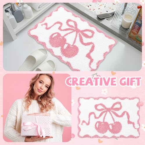 Cherry Bathmat, Non-Slip Bath Mat with Pink Cherry Design, Fluffy Faux Cashmere Bath Rug, Absorbent Pink Bath Mat for Bathroom & Kitchen, Machine Washable - Image 6