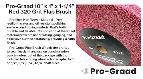 Image of 10 inch x 1 inch x 1-1 /4 inch Red Bench Grinder Polishing Wheel Flap Brush, 320 Grit, Tight Weave, Great for refurb of Golf Clubs and Metal, Non-Woven Wheel for Copper, Metal, Finishing, and Burnishing