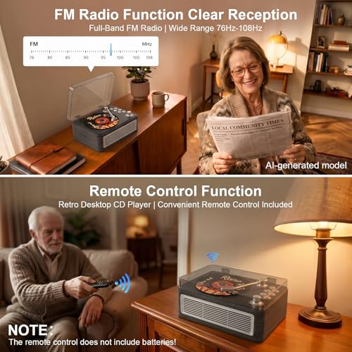 Image of Gueray Retro CD Player Portable Bluetooth CD Players with Speakers Vintage CD-Player 3600mAh Rechargeable & Radio & Remote Control Support USB /AUX Playback Headphone Jack (Walnut Color)