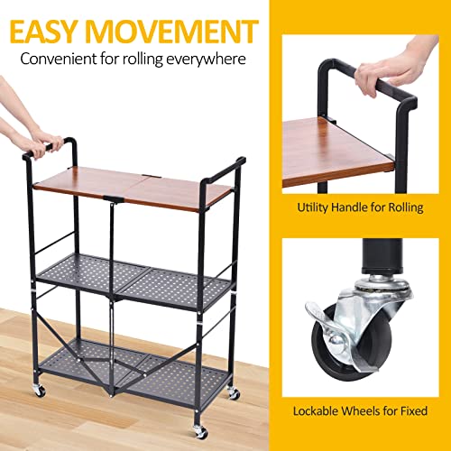 Toolf 3-Shelf Foldable Storage Shelves With Wheels, Large Capacity Shelving Unit, Freestanding Metal Wire Shelf Rack, Organizer Rack For Garage Kitchen, Basement, Pantry, 1 Piece, Black #TOP2