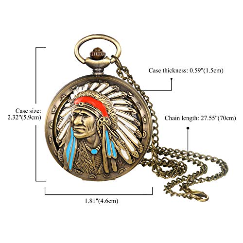 Lancardo Relógio de bolso masculino retrô bronze padrão indígena, caixa decorativa, mostrador árabe,